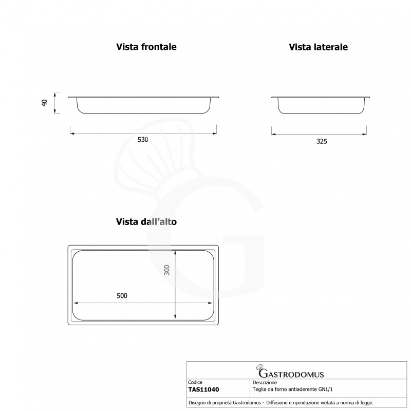 Bandeja rectangular de aluminio con revestimiento antiadherente GN1/1 L 530 mm X P 325 mm X A 40 mm