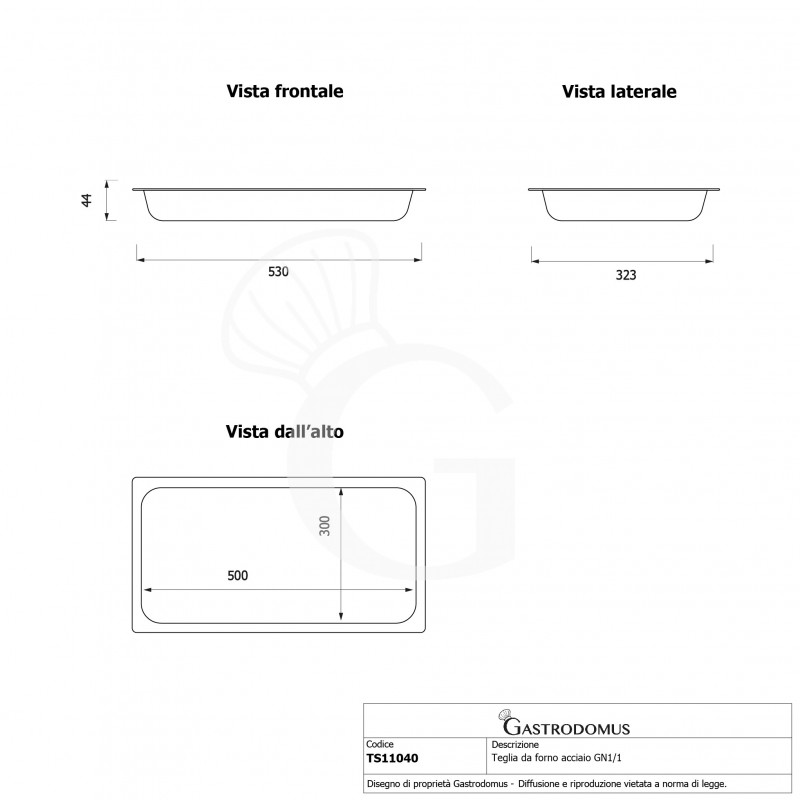 Bandeja rectangular de acero inoxidable GN1/1 L 530 mm X P 325 mm X A 40 mm
