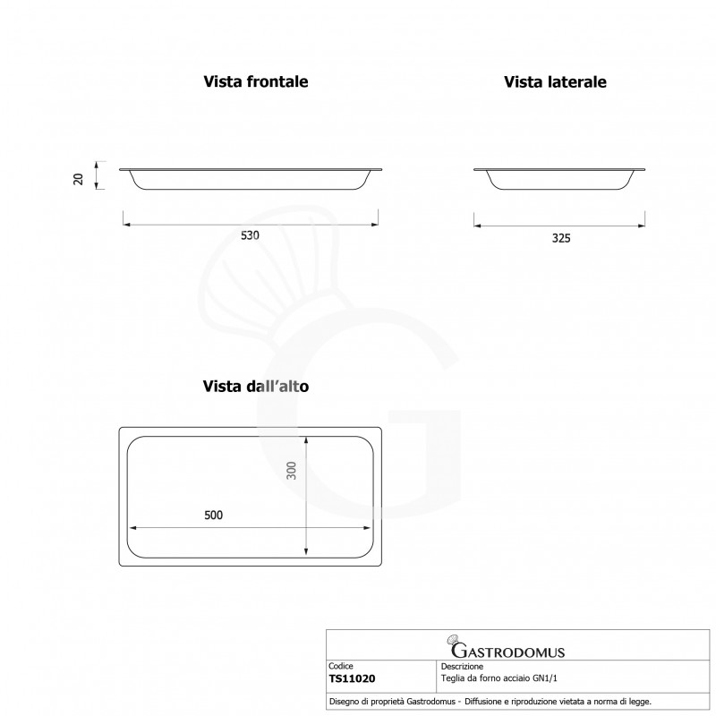 Bandeja rectangular de acero inoxidable GN1/1 L 530 mm X P 325 mm X A 20 mm