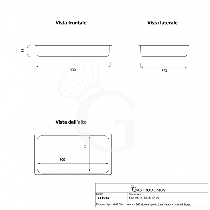teglia rettangolare in acciaio inox gn11 l 530 mm x p 325 mm x h 65 mm