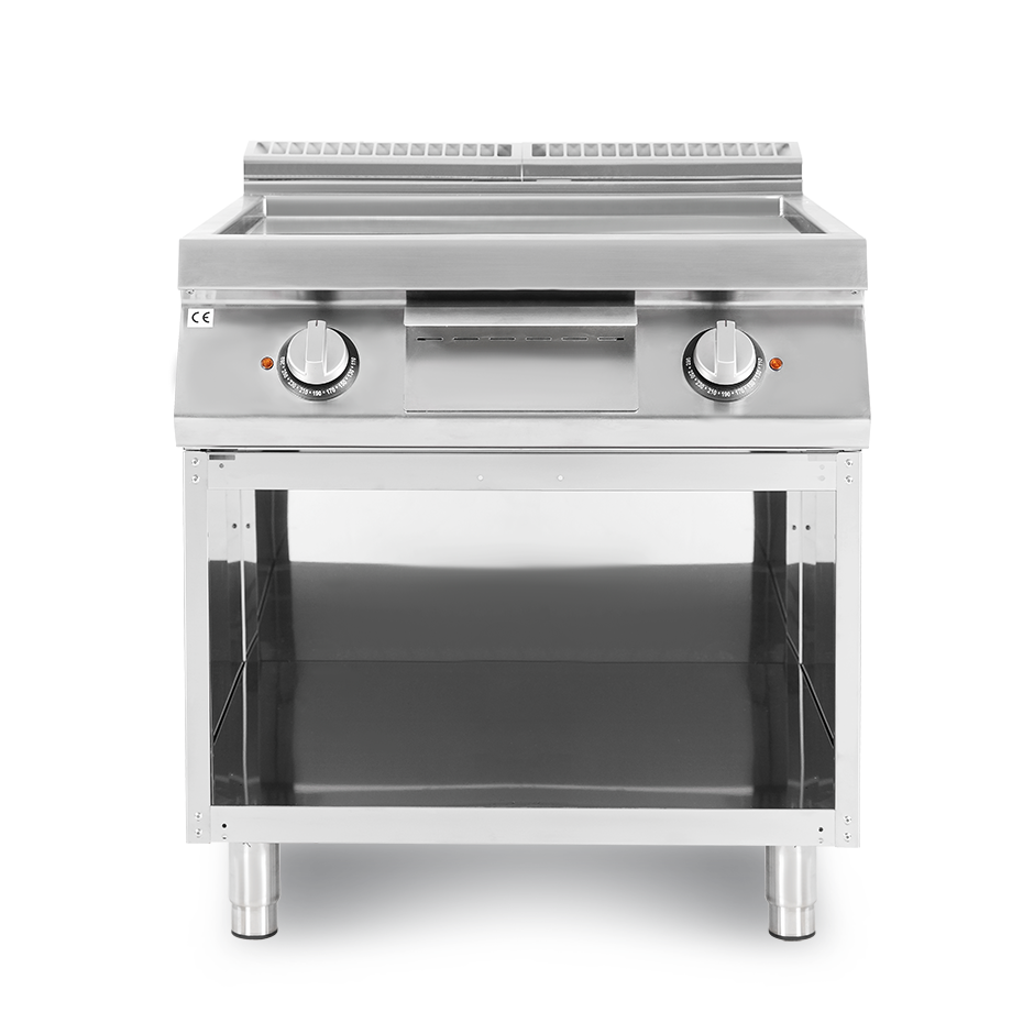 Fry top eléctrico sobre mueble abierto, placa lisa cromada 21000 W Trifásico P 900 mm