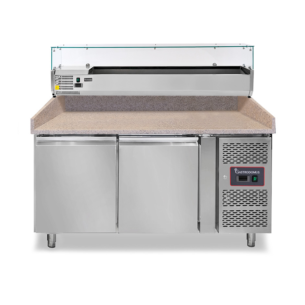 Mesa Refrigerada para pizza 600X400 2 puertas Vitrina Refrigerada motor izquierda 5 Cubetas GN1/3+1 GN1/2 390 LT