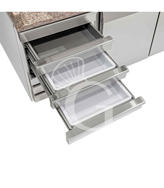 Mesa pizza refrigerada granito, 1 puerta, 7 cajones, vitrina 5 GN 1/3 + 1 GN 1/2, motor izq., 210 L