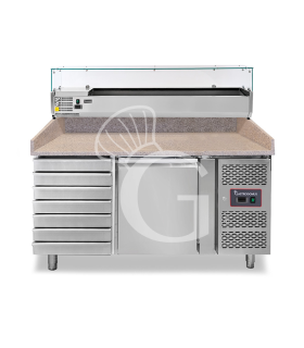 Mesa pizza refrigerada granito, 1 puerta, 7 cajones, vitrina 5 GN 1/3 + 1 GN 1/2, motor izq., 210 L