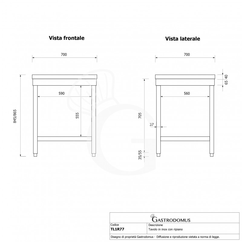 Mesa de acero inoxidable con estante inferior L 700 mm x P 700 mm x A 865 mm