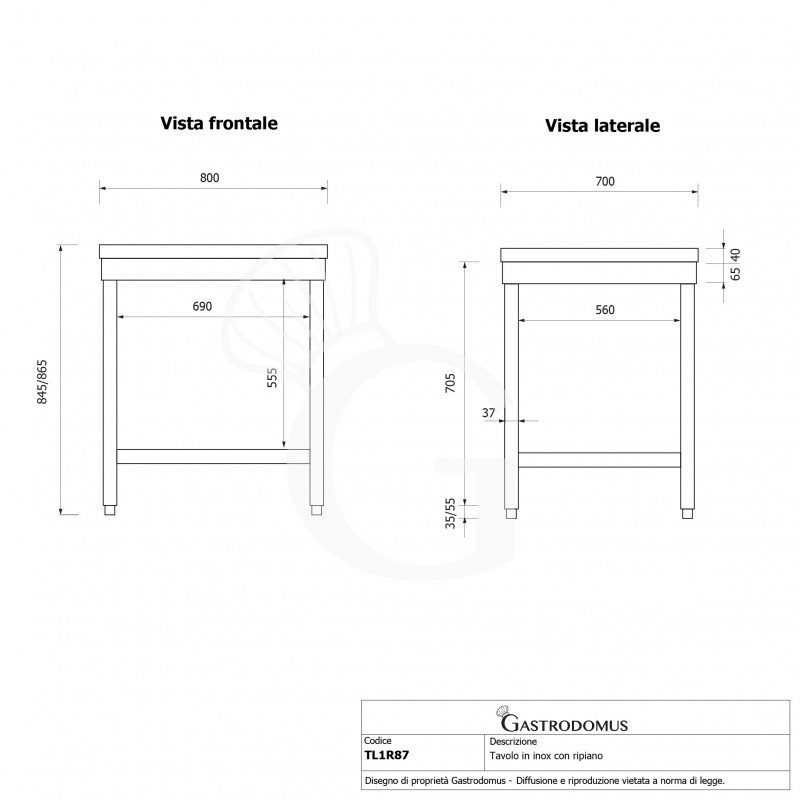 Mesa de acero inoxidable con estante inferior L 800 mm x P 700 mm x A 865 mm