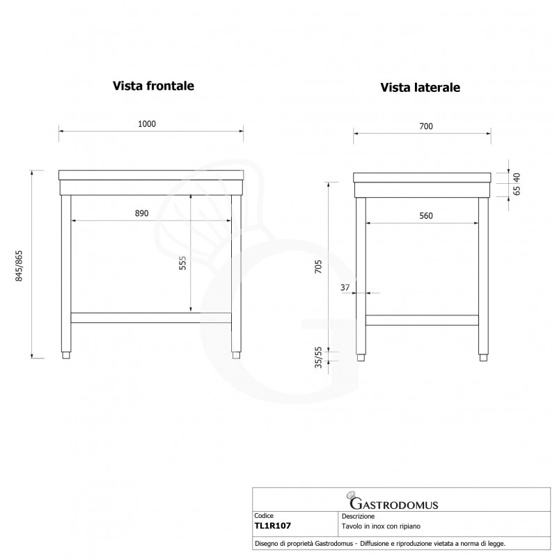 Mesa de acero inoxidable con estante inferior L 1000 mm x P 700 mm x A 865 mm