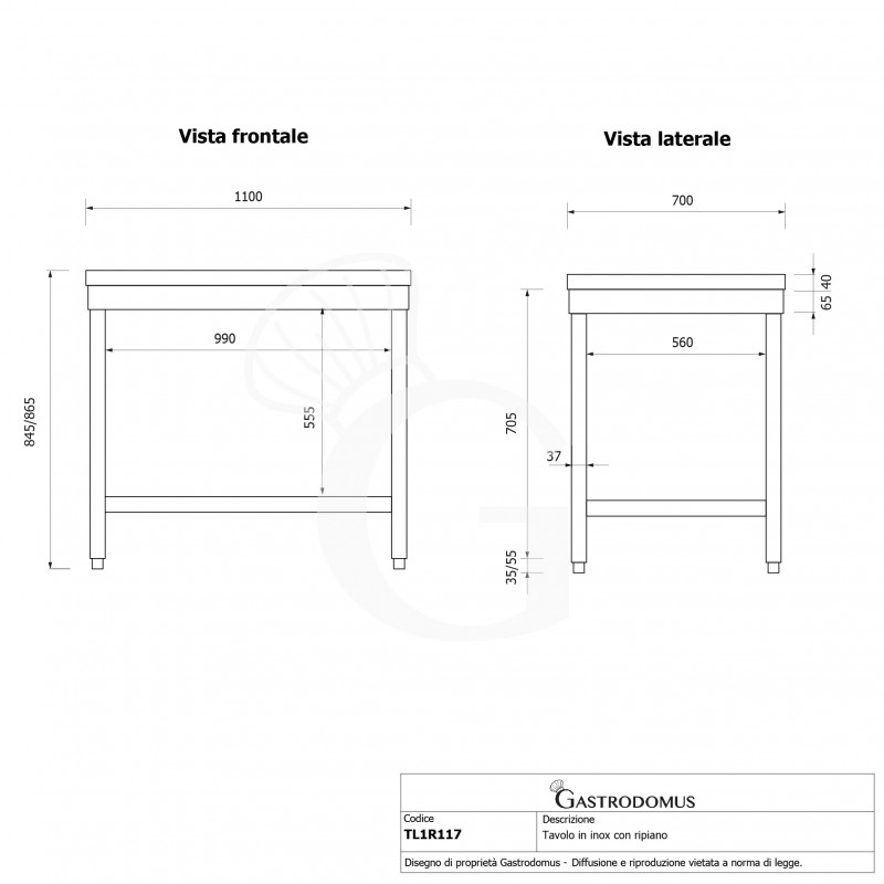 Mesa de acero inoxidable con estante inferior L 1100 mm x P 700 mm x A 865 mm