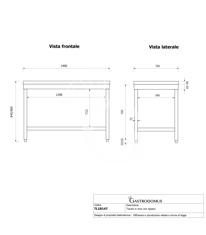 Mesa de acero inoxidable con estante inferior L 1400 mm x P 700 mm x A 865 mm