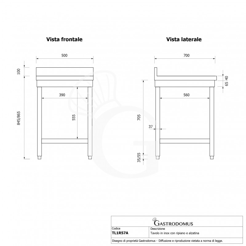 Mesa de trabajo de acero inoxidable con estante inferior y peto con dimensiones L 500 mm x P 700 mm x A 965 mm