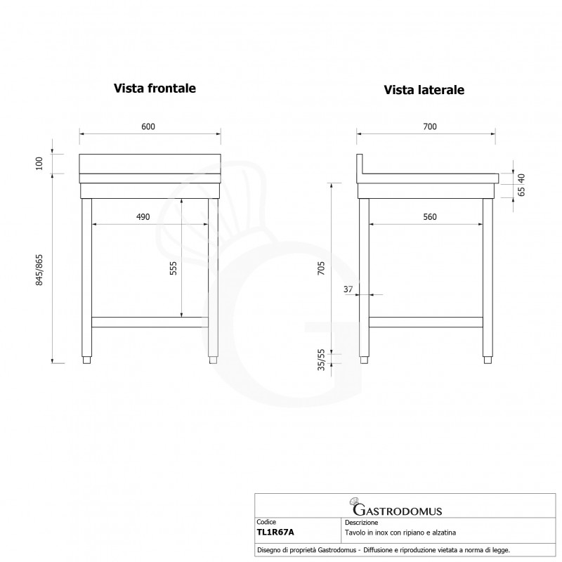Mesa de trabajo de acero inoxidable con estante inferior y peto con dimensiones L 600 mm x P 700 mm x A 965 mm