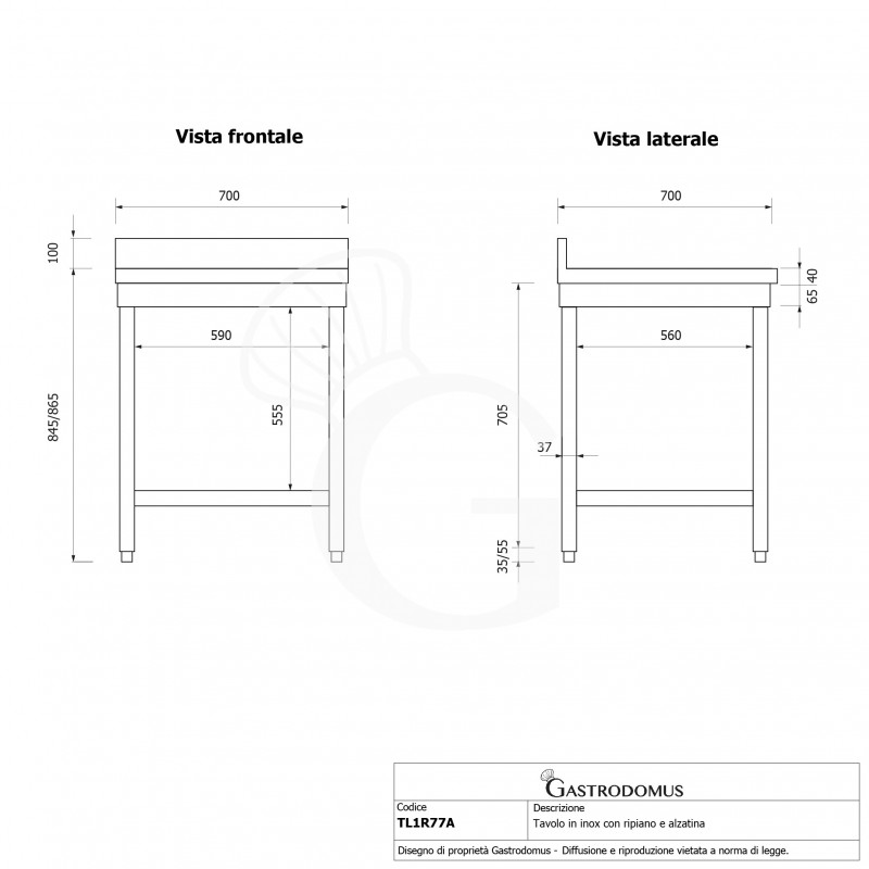 Mesa de acero inoxidable con estante inferior y peto L 700 mm x P 700 mm x A 965 mm