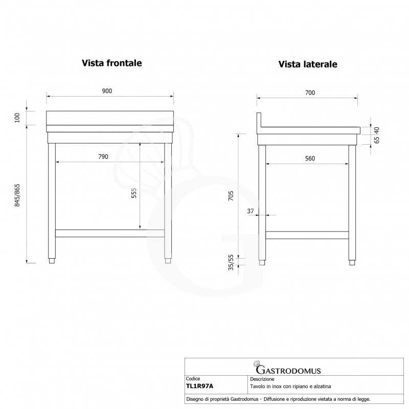 Mesa de trabajo de acero inoxidable con estante inferior y peto con dimensiones L 900 mm x P 700 mm x A 965 mm