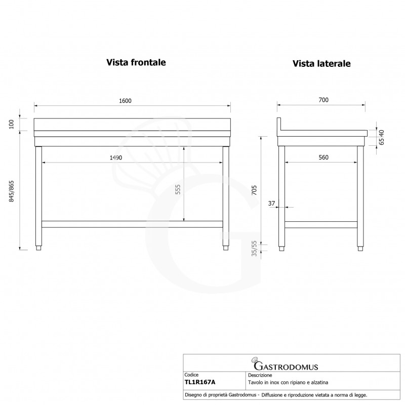 Mesa de acero inoxidable con estante inferior y peto L 1600 mm x P 700 mm x A 965 mm
