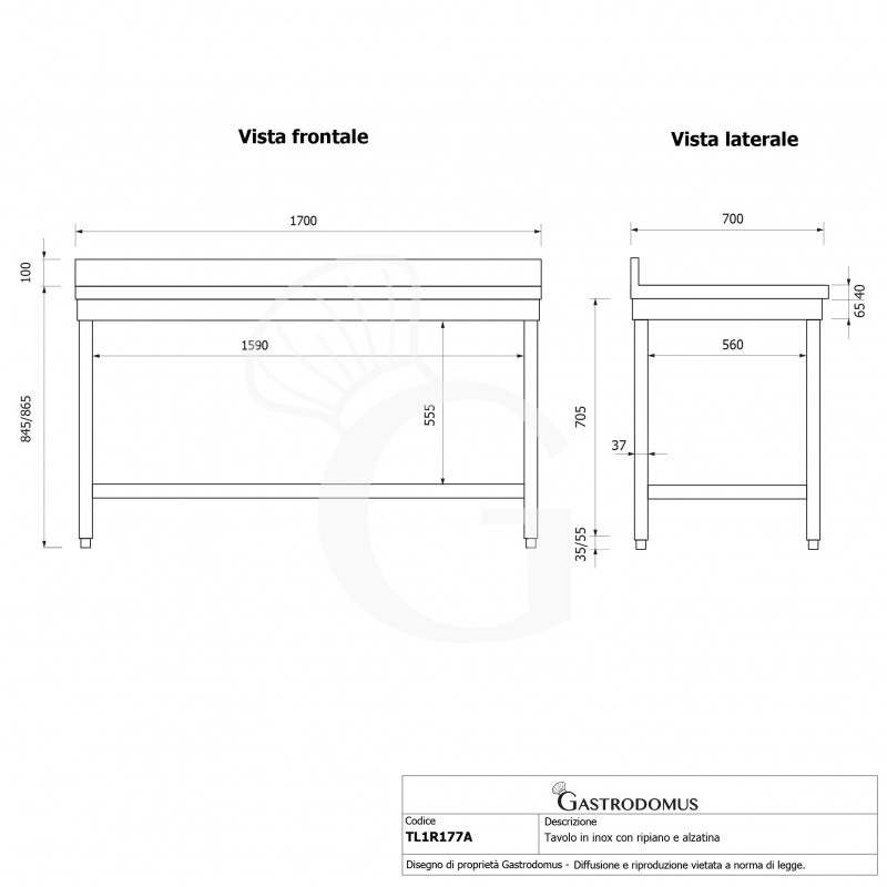 Mesa de acero inoxidable con estante inferior y peto L 1700 mm x P 700 mm x A 965 mm