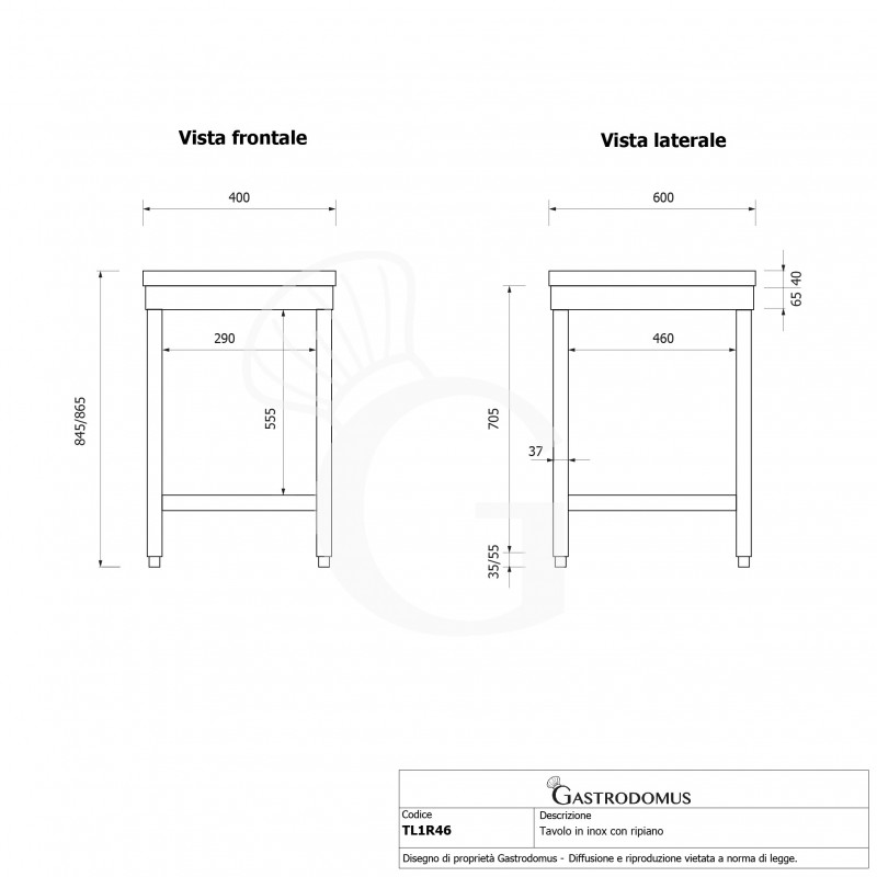 Mesa de acero inoxidable con estante inferior L 400 mm x P 600 mm x A 865 mm