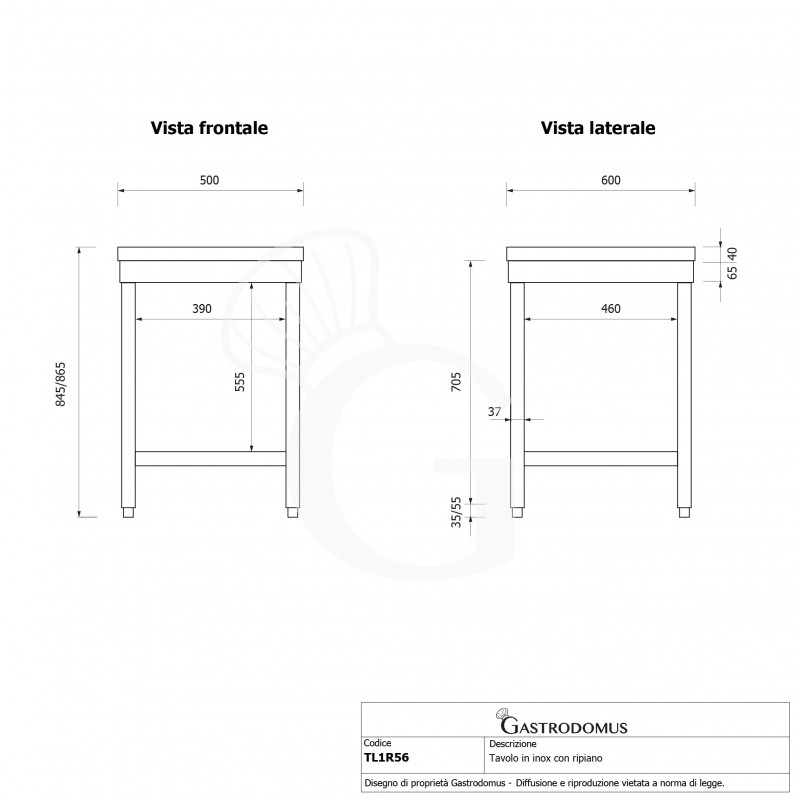 Mesa de acero inoxidable con estante inferior L 500 mm x P 600 mm x A 865 mm