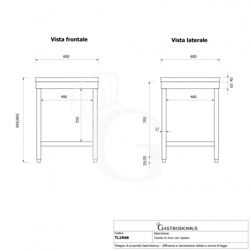 Mesa de acero inoxidable con estante inferior L 600 mm x P 600 mm x A 865 mm