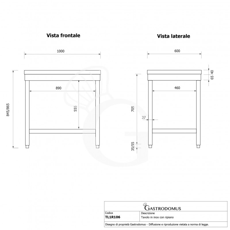 Mesa de acero inoxidable con estante inferior L 1000 mm x P 600 mm x A 865 mm
