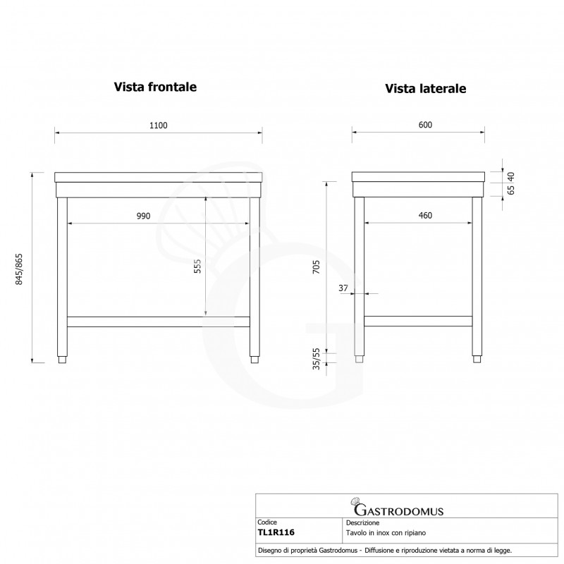 Mesa sencilla de acero inoxidable con 1 estante y L 1100 mm x P 600 mm x A 865 mm