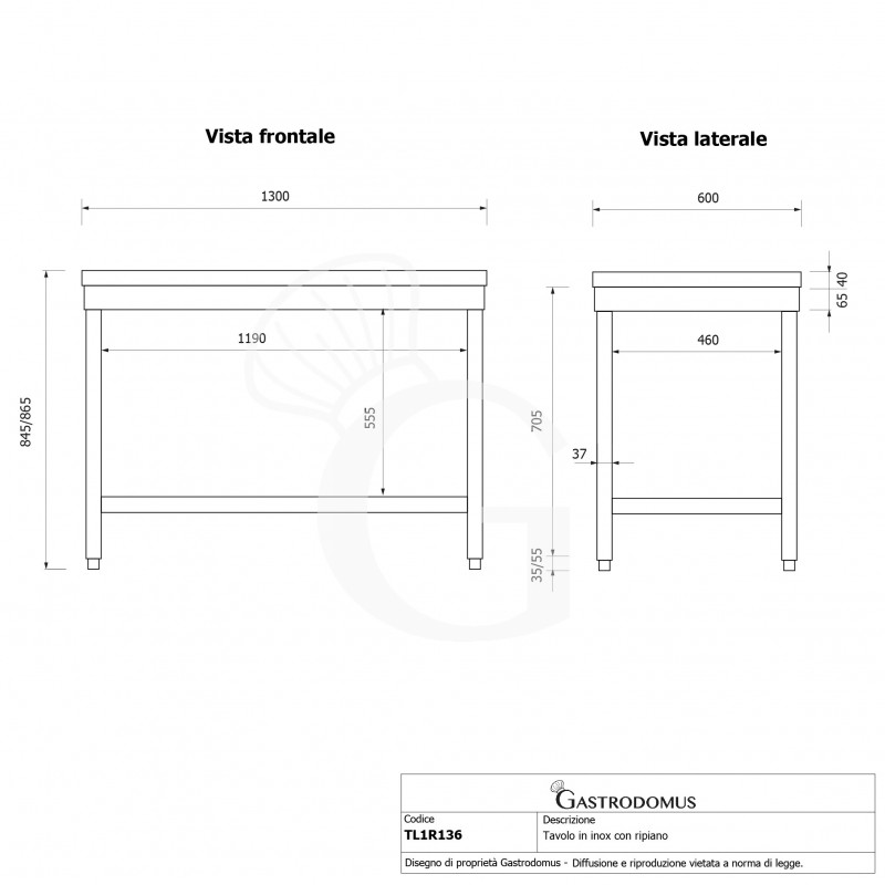 Mesa de acero inoxidable con estante inferior L 1300 mm x P 600 mm x A 865 mm