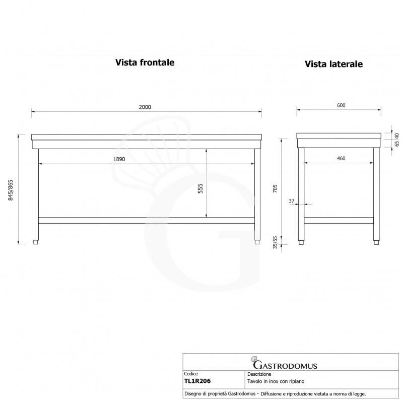 Mesa de acero inoxidable con estante inferior L 2000 mm x P 600 mm x A 865 mm