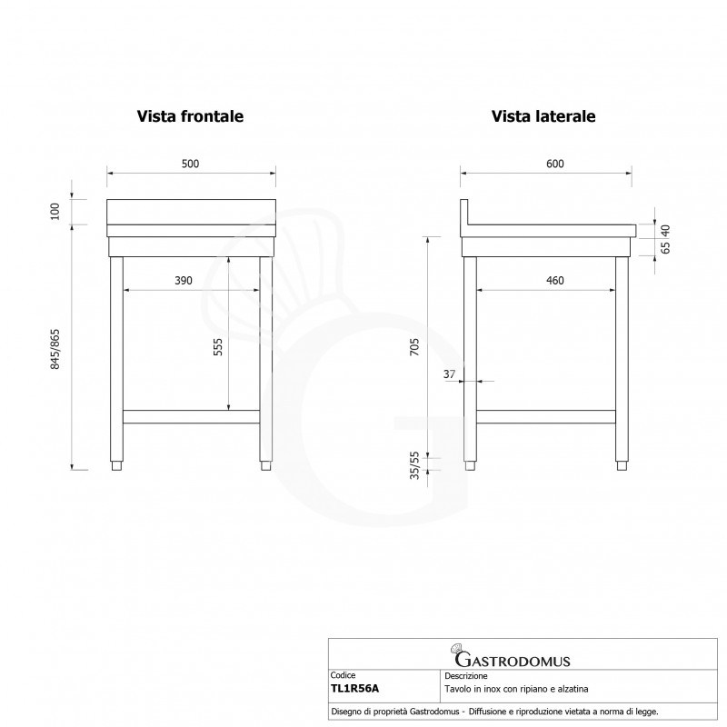 Mesa de trabajo de acero inoxidable con estante inferior y peto con dimensiones L 500 mm x P 600 mm x A 965 mm