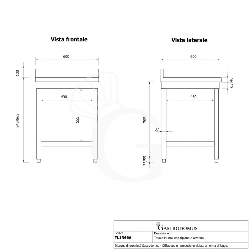 Mesa de trabajo de acero inoxidable con estante inferior y peto con dimensiones L 600 mm x P 600 mm x A 965 mm