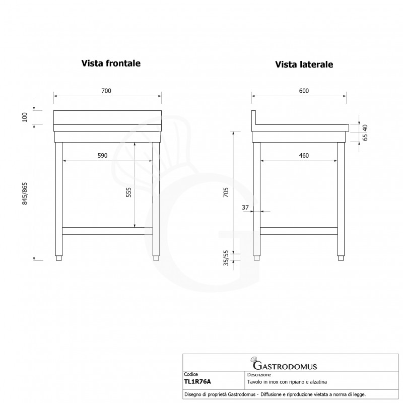 Mesa de trabajo de acero inoxidable con estante inferior y peto con dimensiones L 700 mm x P 600 mm x A 965 mm
