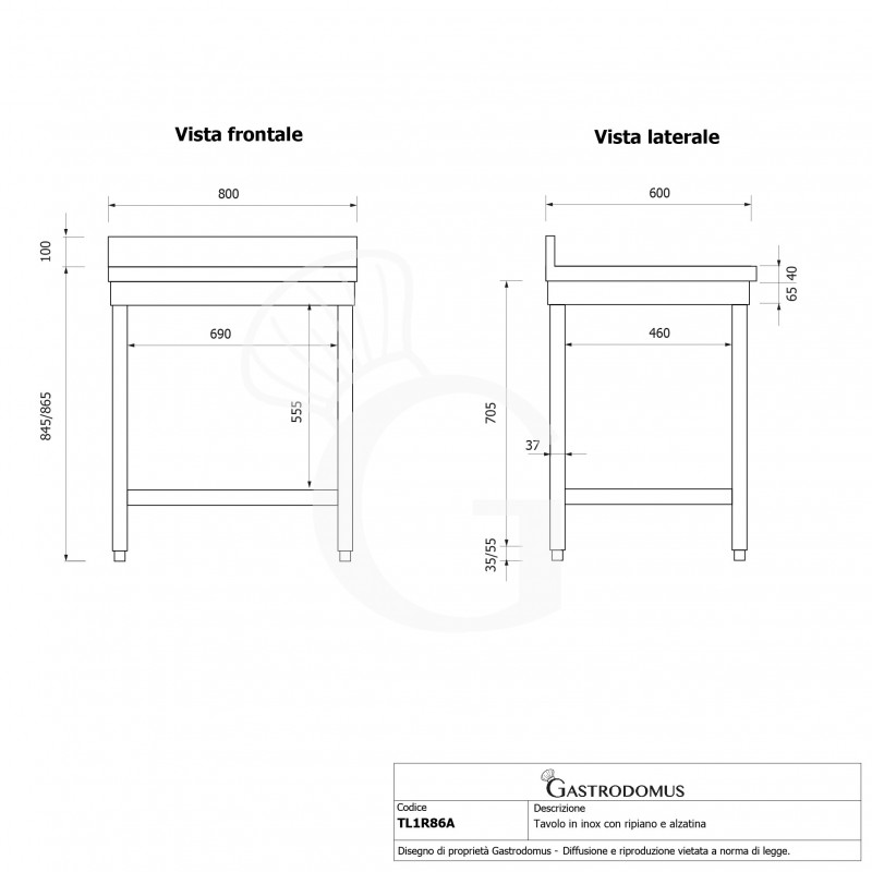 Mesa de trabajo de acero inoxidable con estante inferior y peto L 800 mm x P 600 mm x A 965 mm