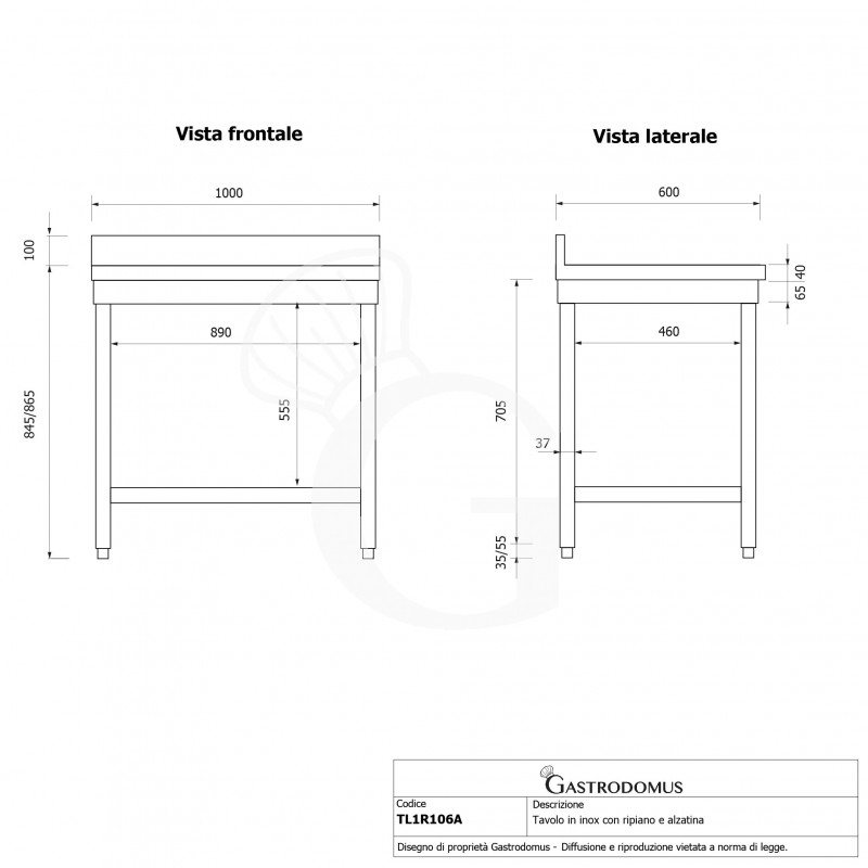Mesa de acero inoxidable con estante inferior y peto L 1000 mm x P 600 mm x A 965 mm