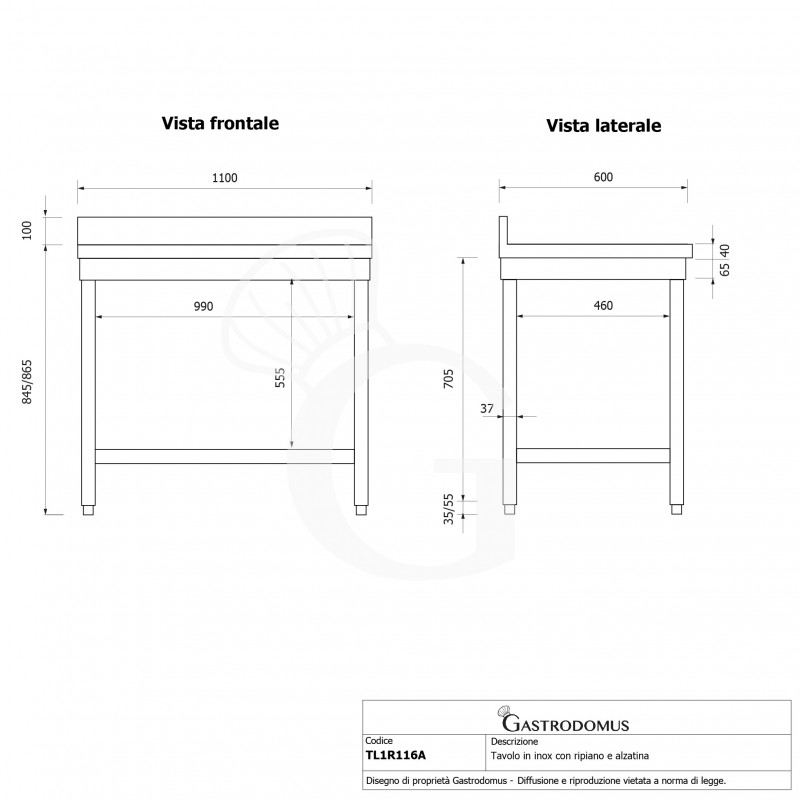 Mesa de acero inoxidable con estante inferior y peto L 1100 mm x P 600 mm x A 965 mm