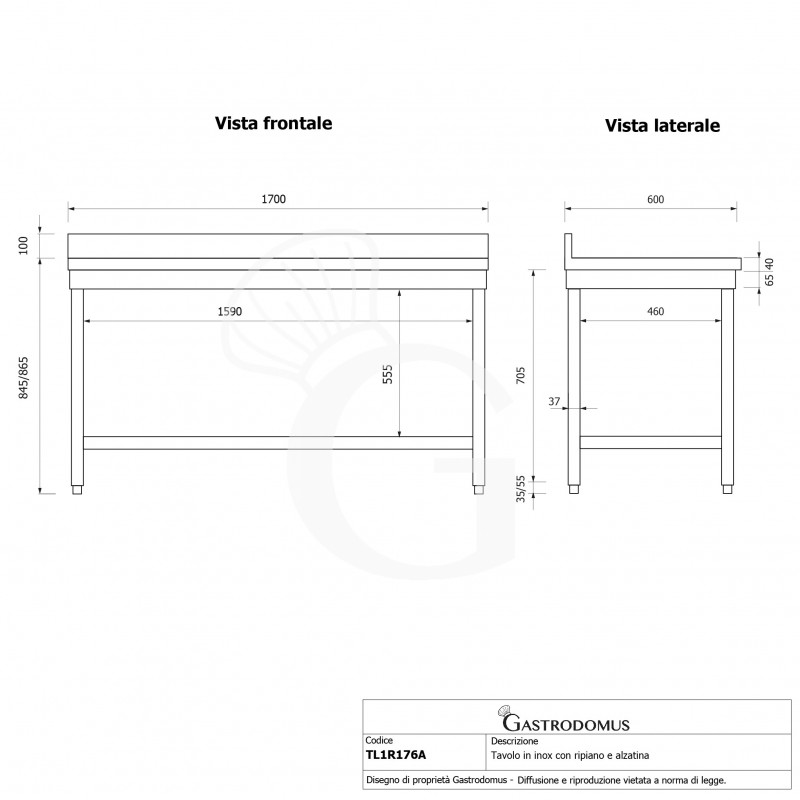 Mesa de trabajo de acero inoxidable con estante inferior y peto con dimensiones L 1700 mm x P 600 mm x A 965 mm
