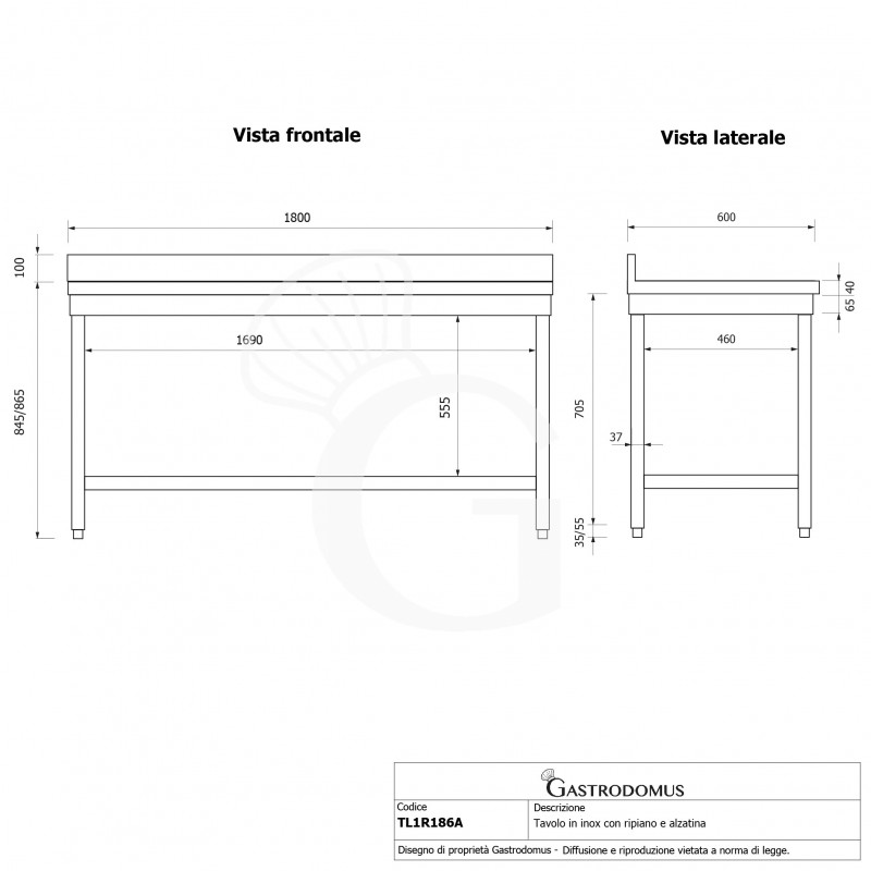 Mesa de acero inoxidable con estante inferior y peto L 1800 mm x P 600 mm x A 965 mm