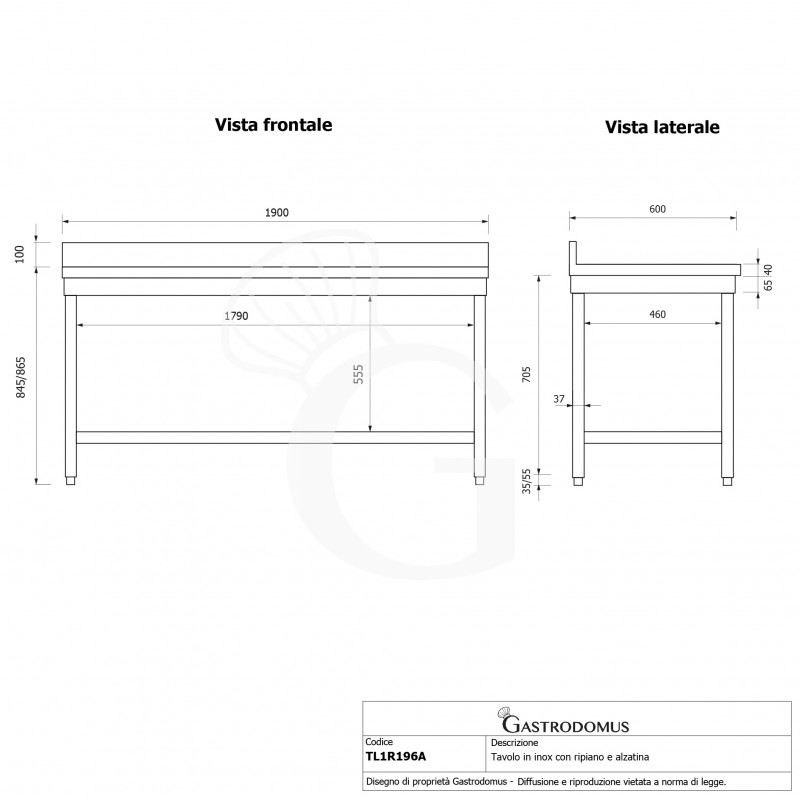 Mesa de acero inoxidable con 1 estante y peto, L 1900 × P 600 × H 965 mm