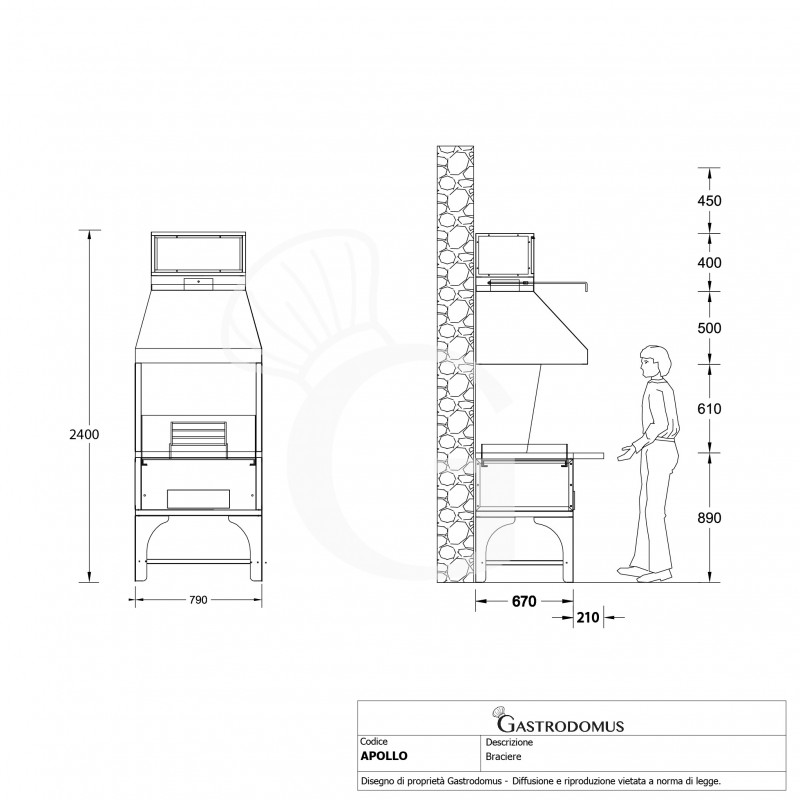 Barbacoa modular, con dimensiones L 790 mm x P 670+300 mm x A 2400 mm