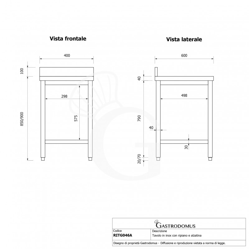 Mesa de acero inoxidable con estante inferior y peto L 400 mm x P 600 mm x A 950 mm