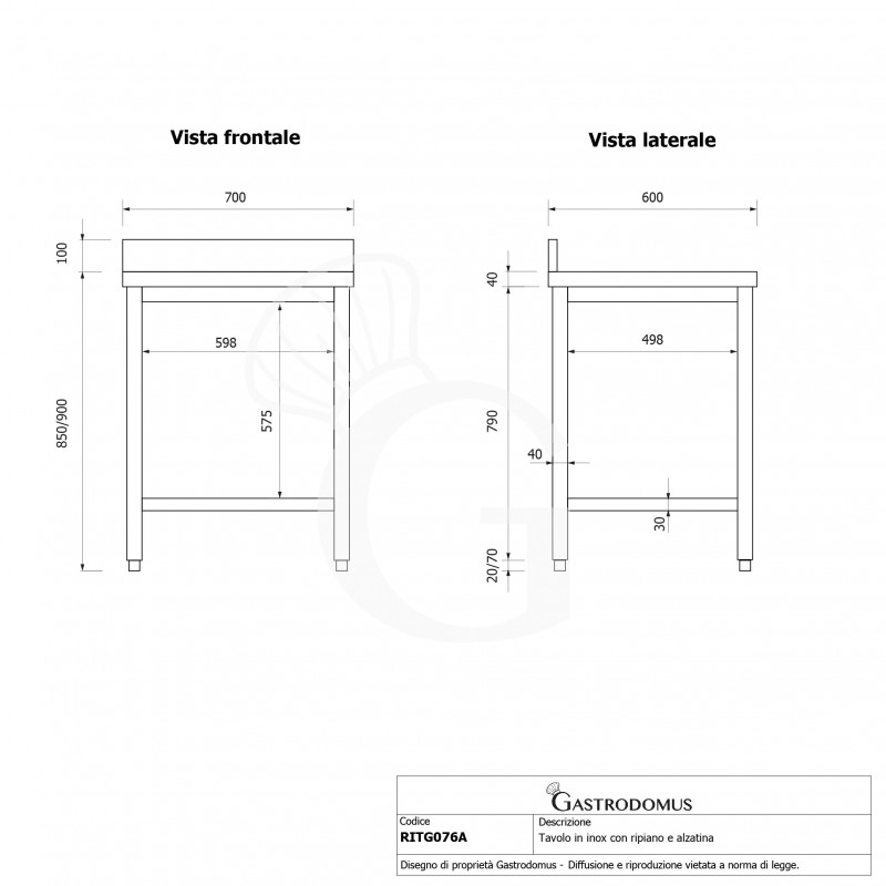 Mesa de acero inoxidable con estante inferior y peto L 700 mm x P 600 mm x A 950 mm