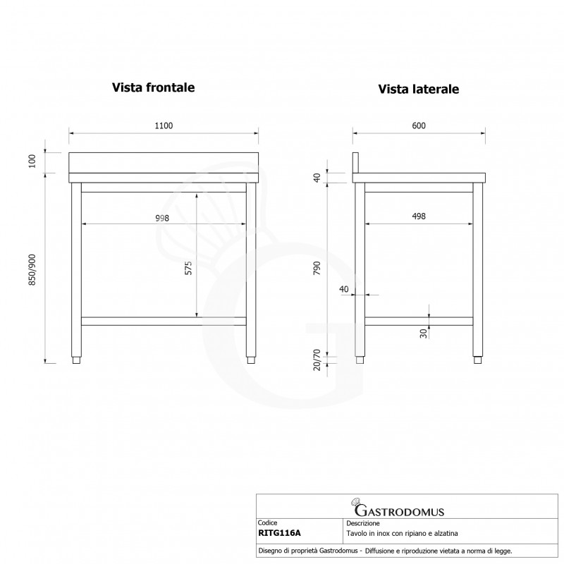 Mesa de acero inoxidable con estante inferior y peto L 1100 mm x P 600 mm x A 950 mm