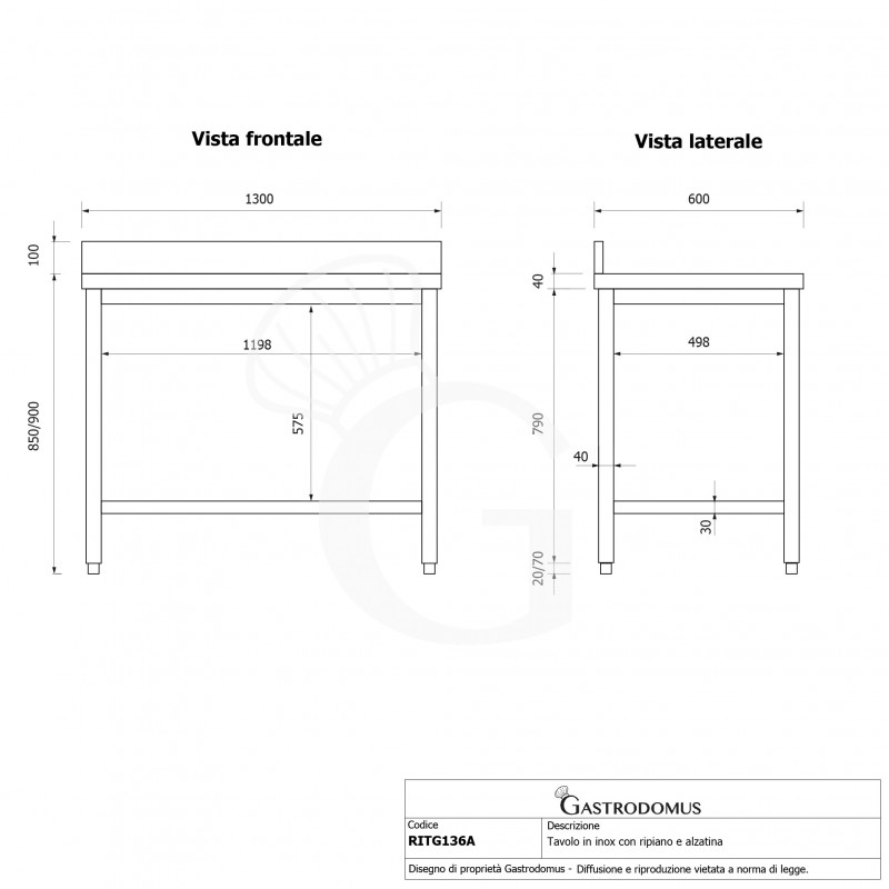 Mesa de acero inoxidable con estante inferior y peto L 1300 mm x P 600 mm x A 950 mm