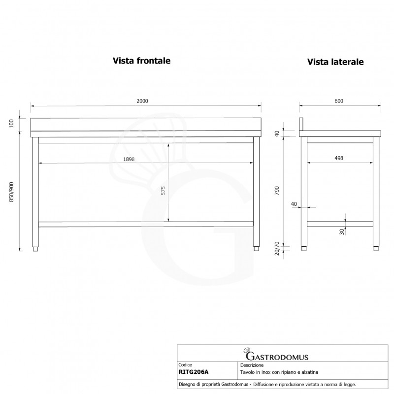 Mesa de acero inoxidable con estante inferior y peto L 2000 mm x P 600 mm x A 950 mm