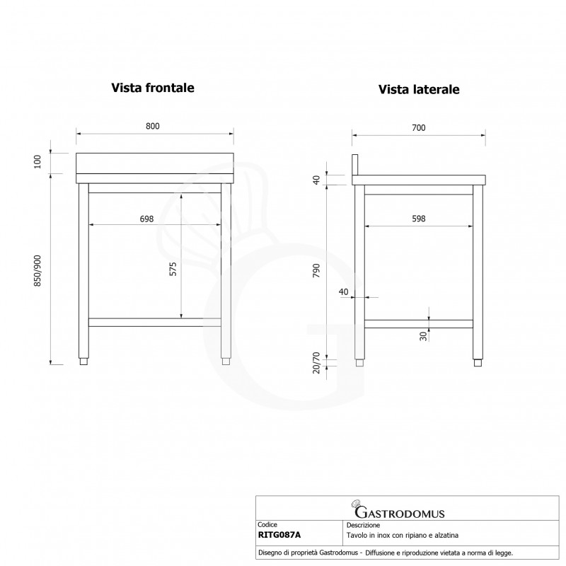 Mesa de acero inoxidable con estante inferior y peto L 800 mm x P 700 mm x A 950 mm