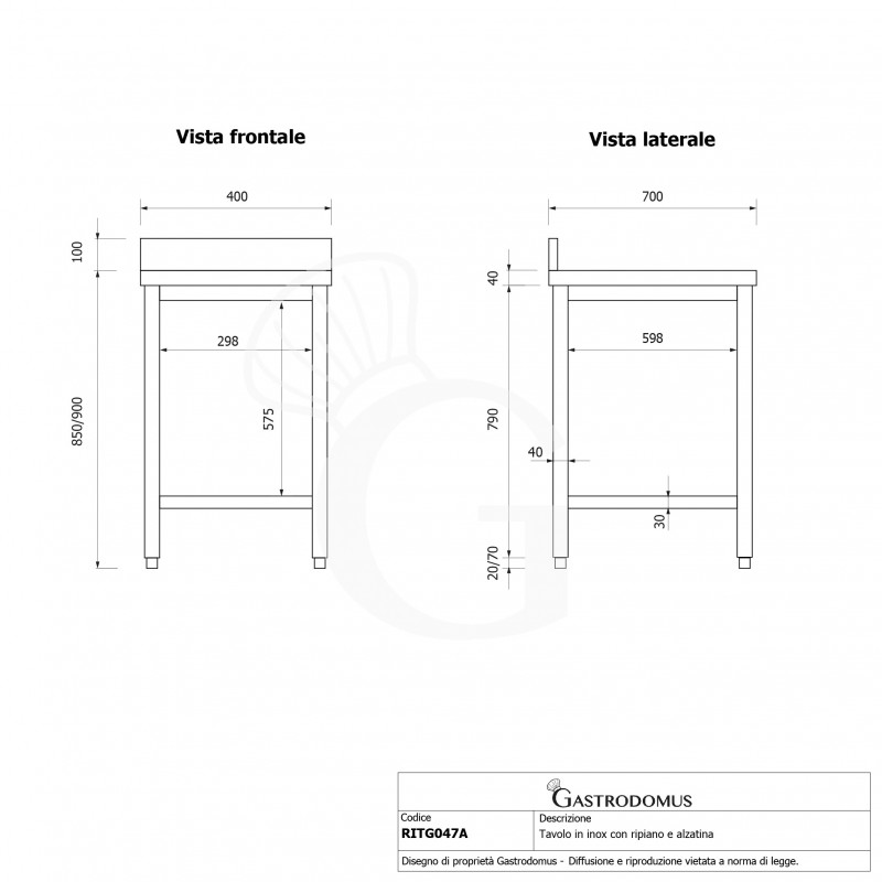 Mesa de trabajo de acero inoxidable con estante inferior y peto con dimensiones L 400 mm x P 700 mm x A 950 mm
