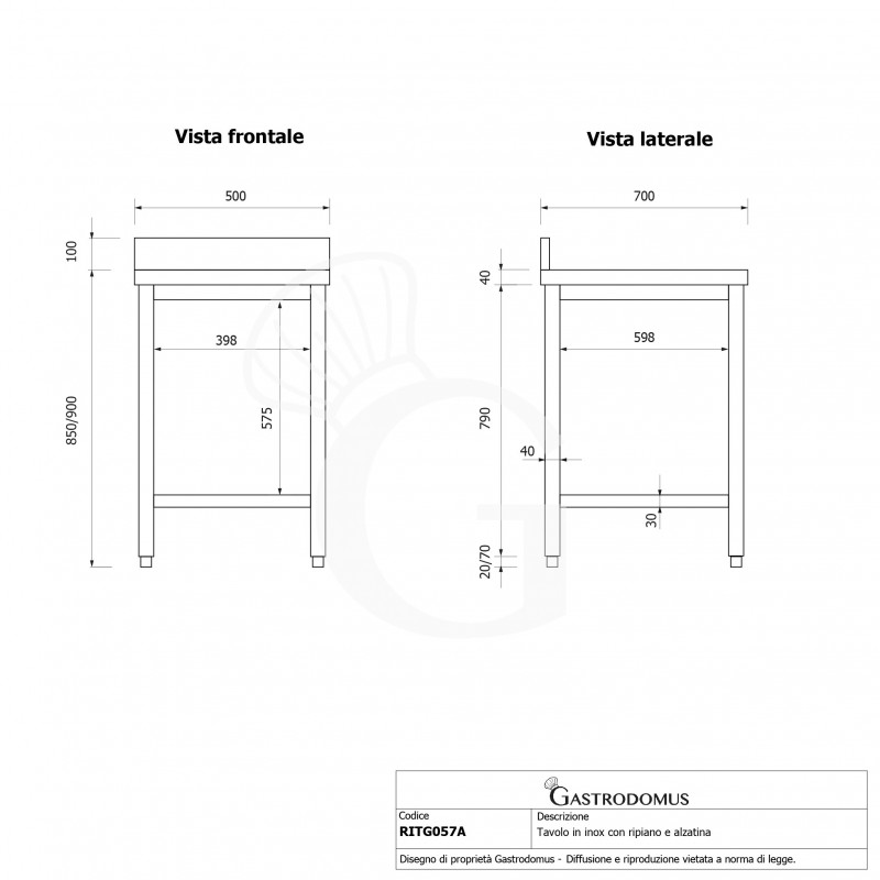Mesa de acero inoxidable con estante inferior y peto L 500 mm x P 700 mm x A 950 mm