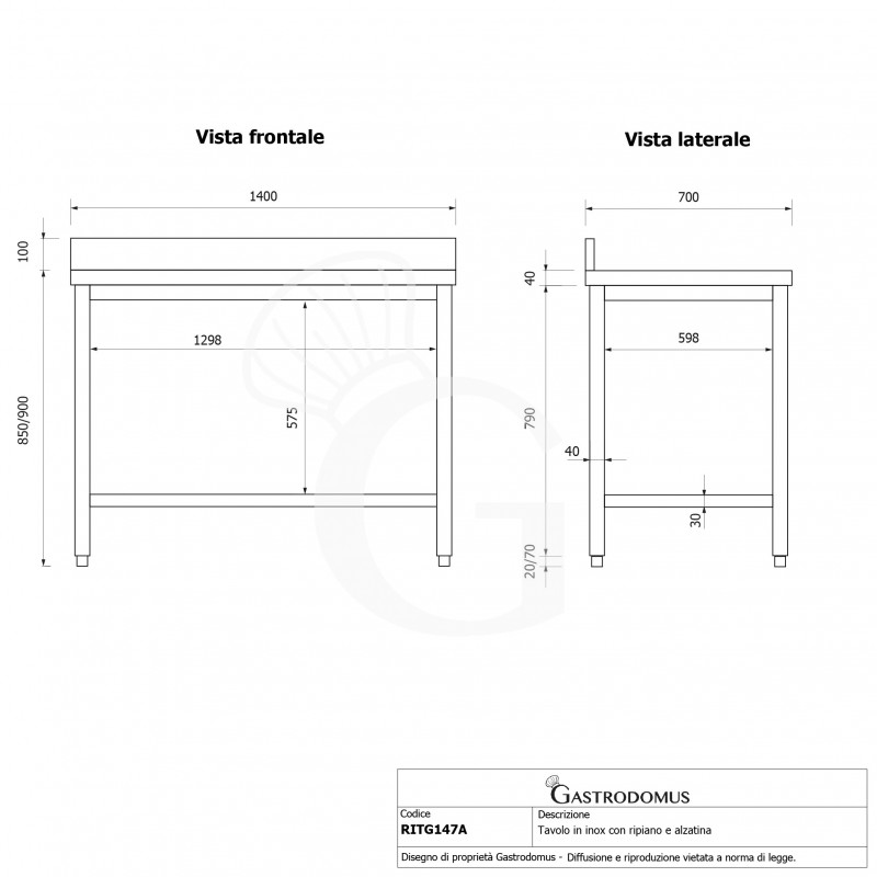 Mesa de acero inoxidable con estante inferior y peto L 1400 mm x P 700 mm x A 950 mm