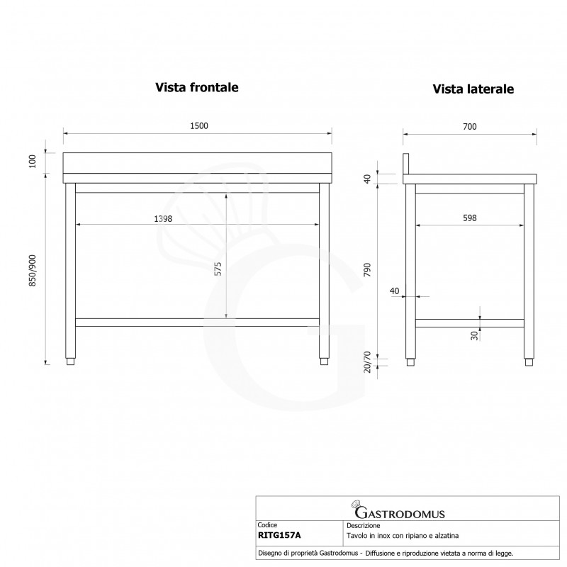 Mesa de acero inoxidable con estante inferior y peto L 1500 mm x P 700 mm x A 950 mm