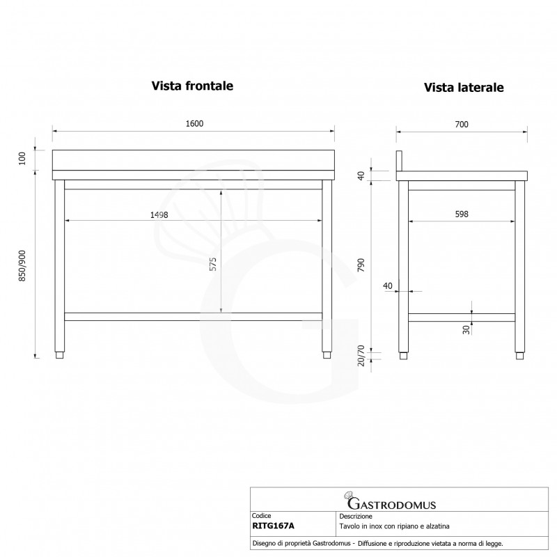 Mesa de acero inoxidable con estante inferior y peto L 1600 mm x P 700 mm x A 950 mm