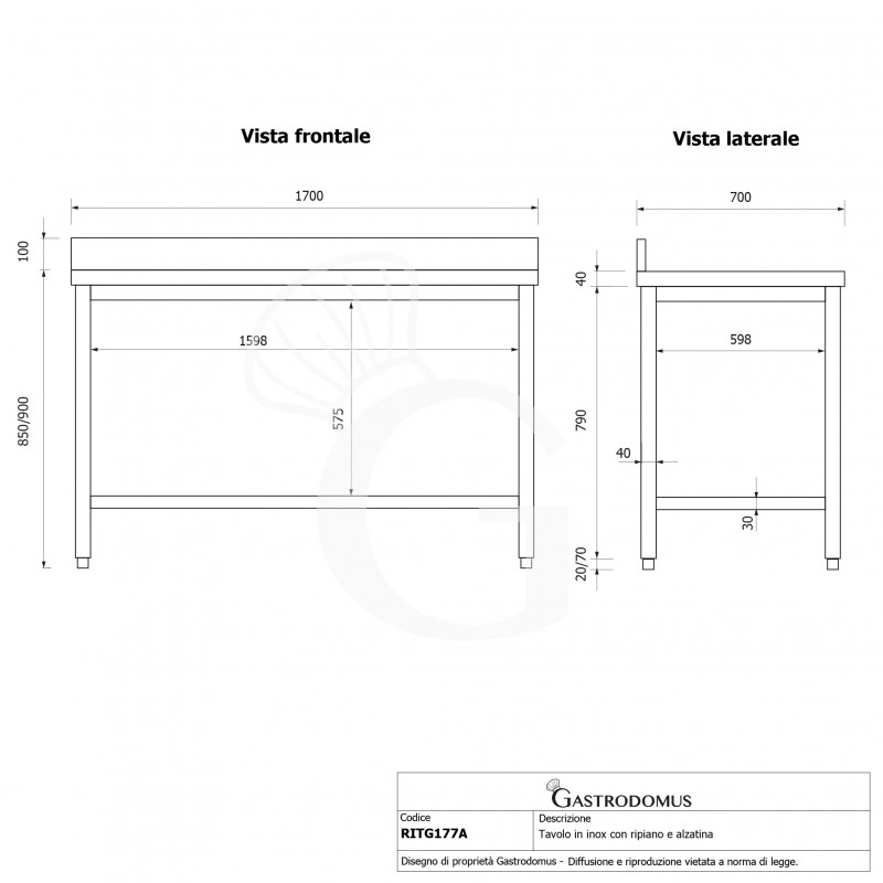 Mesa de acero inoxidable con estante inferior y peto L 1700 mm x P 700 mm x A 950 mm
