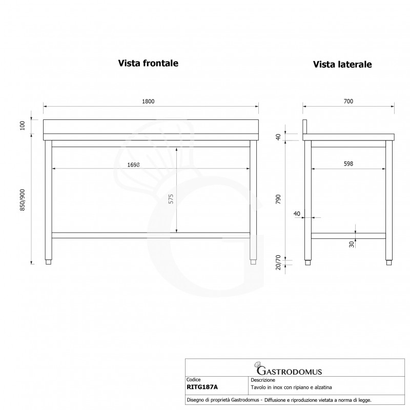 Mesa de acero inoxidable con estante inferior y peto L 1800 mm x P 700 mm x A 950 mm