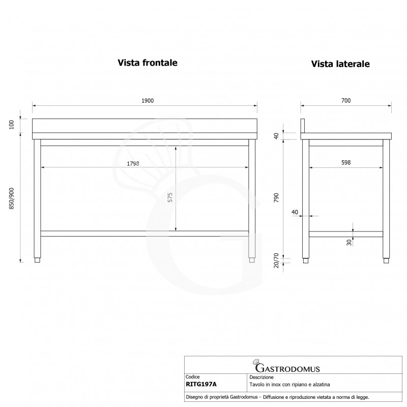 Mesa de acero inoxidable con estante inferior y peto L 1900 mm x P 700 mm x A 950 mm